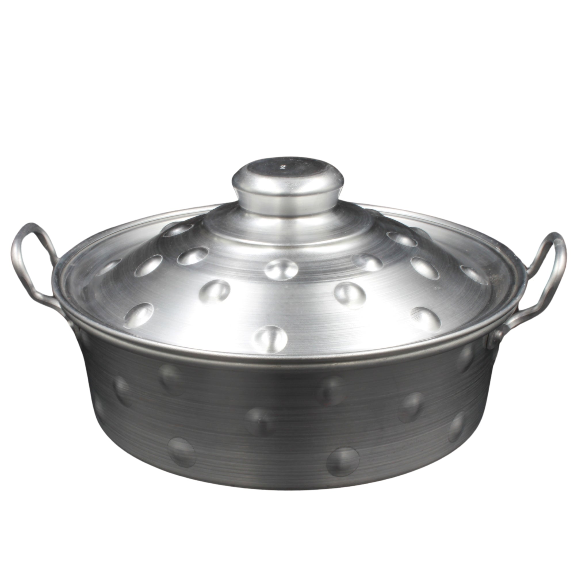 A pan with a lid and embossed handles