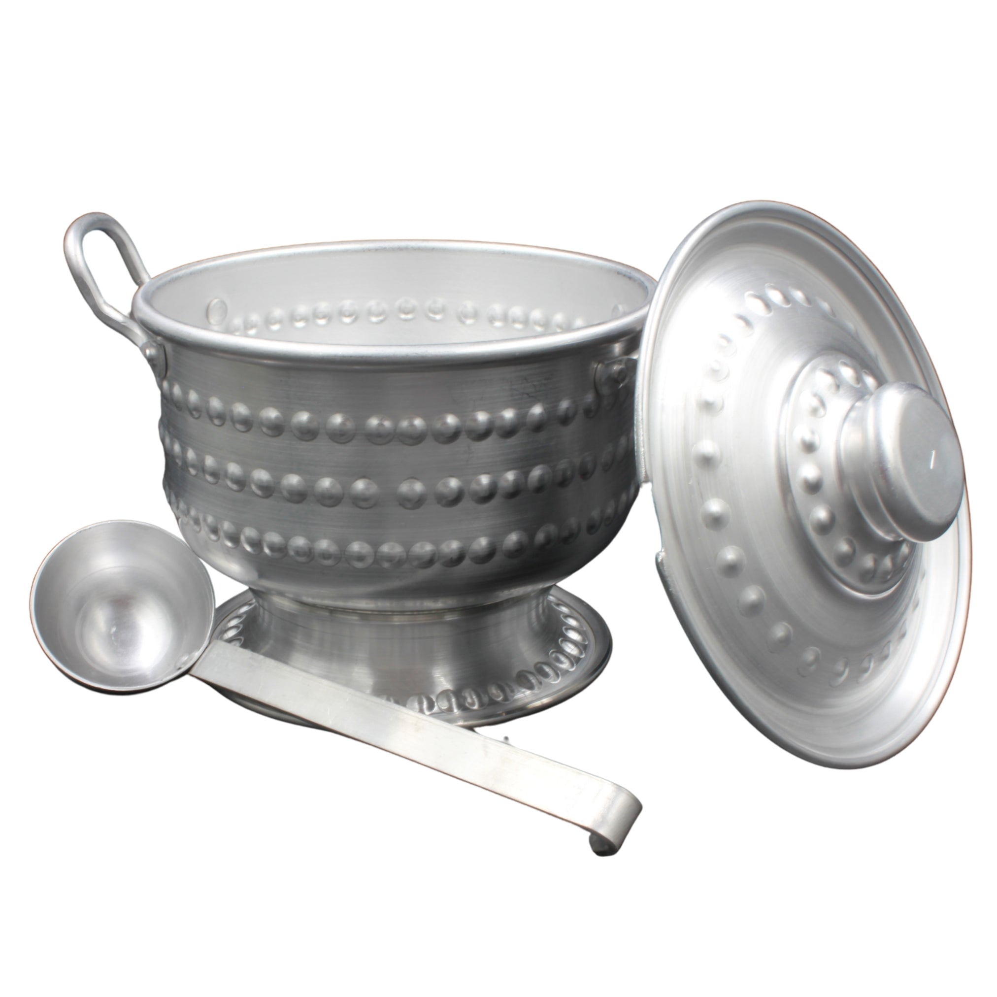 A broth and soup bowl with a ladle